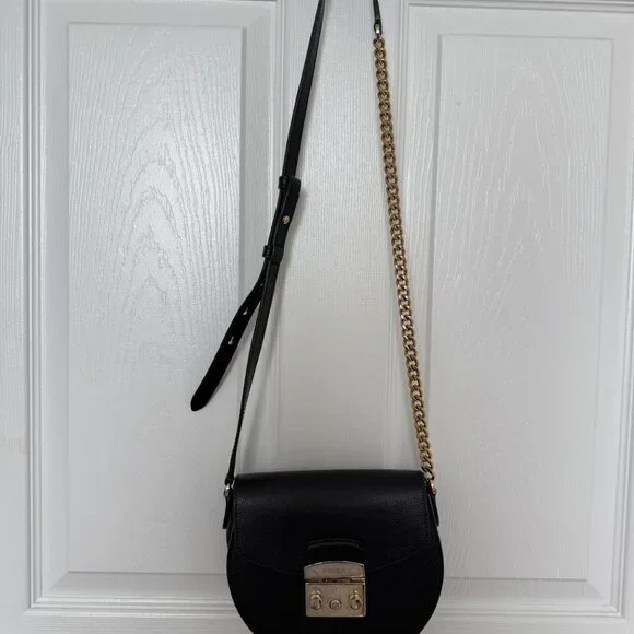 Furla Metropolis Leather Black Crossbody Bag Small Half-moon